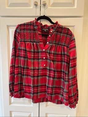 J. Crew Red Plaid Smocked Yoke Button-Front Blouse